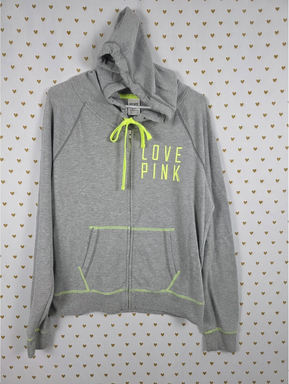 Victorias Secret Pink Green Neon Logo Full Zip Hoodie Jacket LARGE